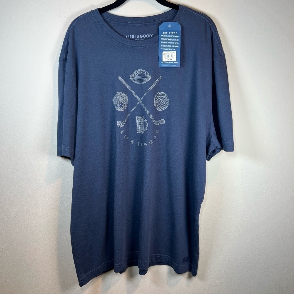 Life is Good Sports Addict Crusher T-Shirt Blue Graphic Tee Cotton Summer NEW XL